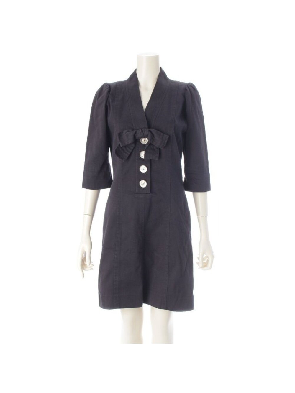 Saint Laurent Rive Gauche Ribbon V-neck Three Quarter Sleeve Dress Navy 34